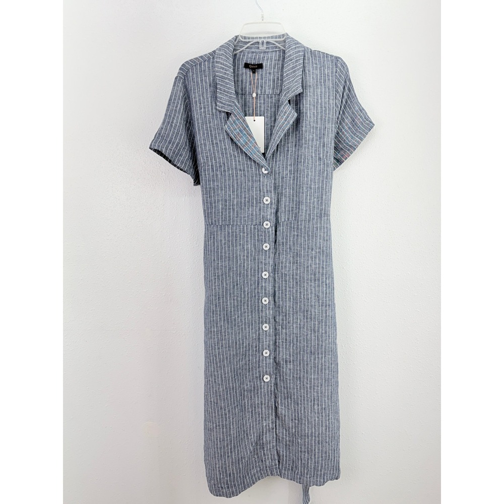 Quince Blue & White Striped Linen Midi Dress
